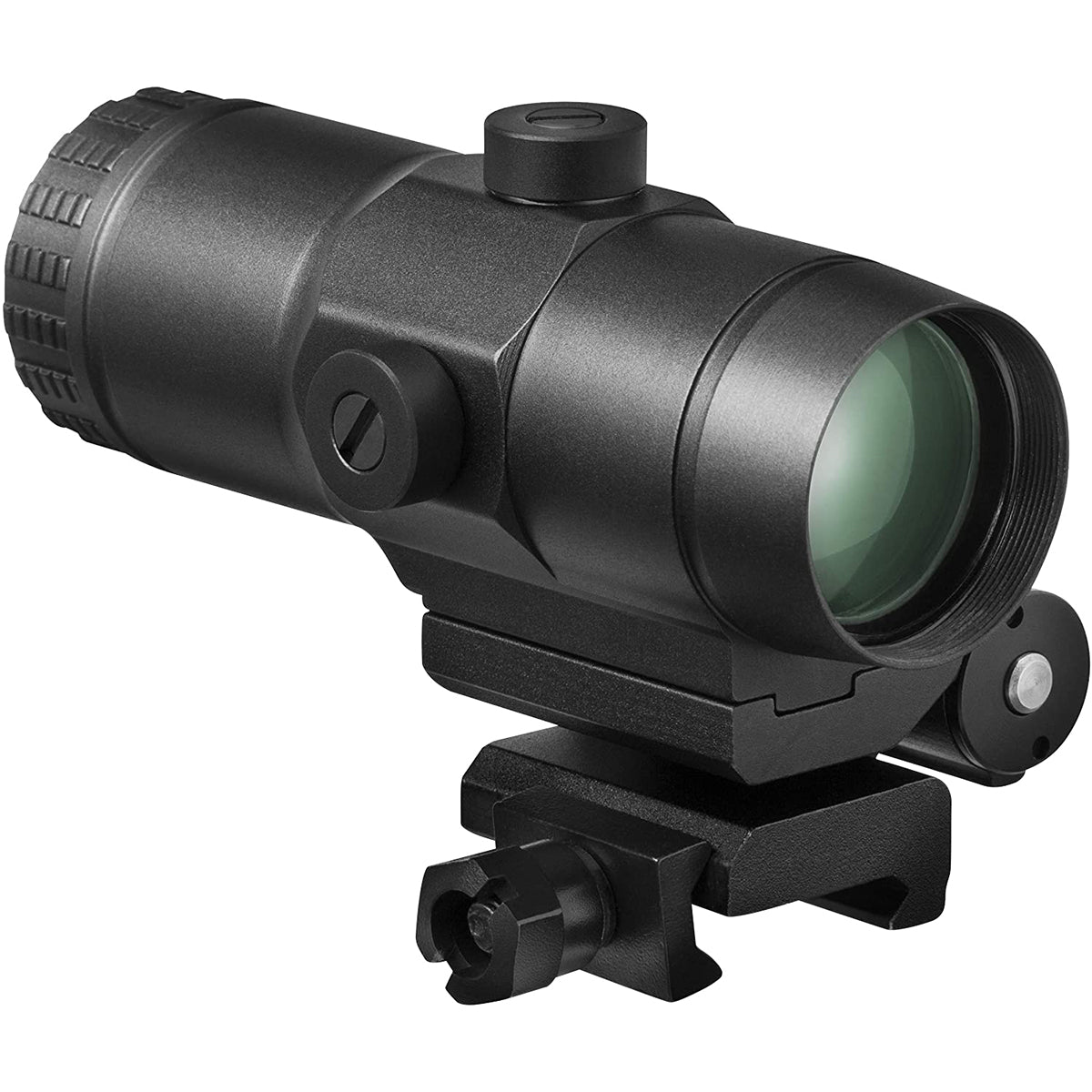 Black tactical scope magnifier on a white background