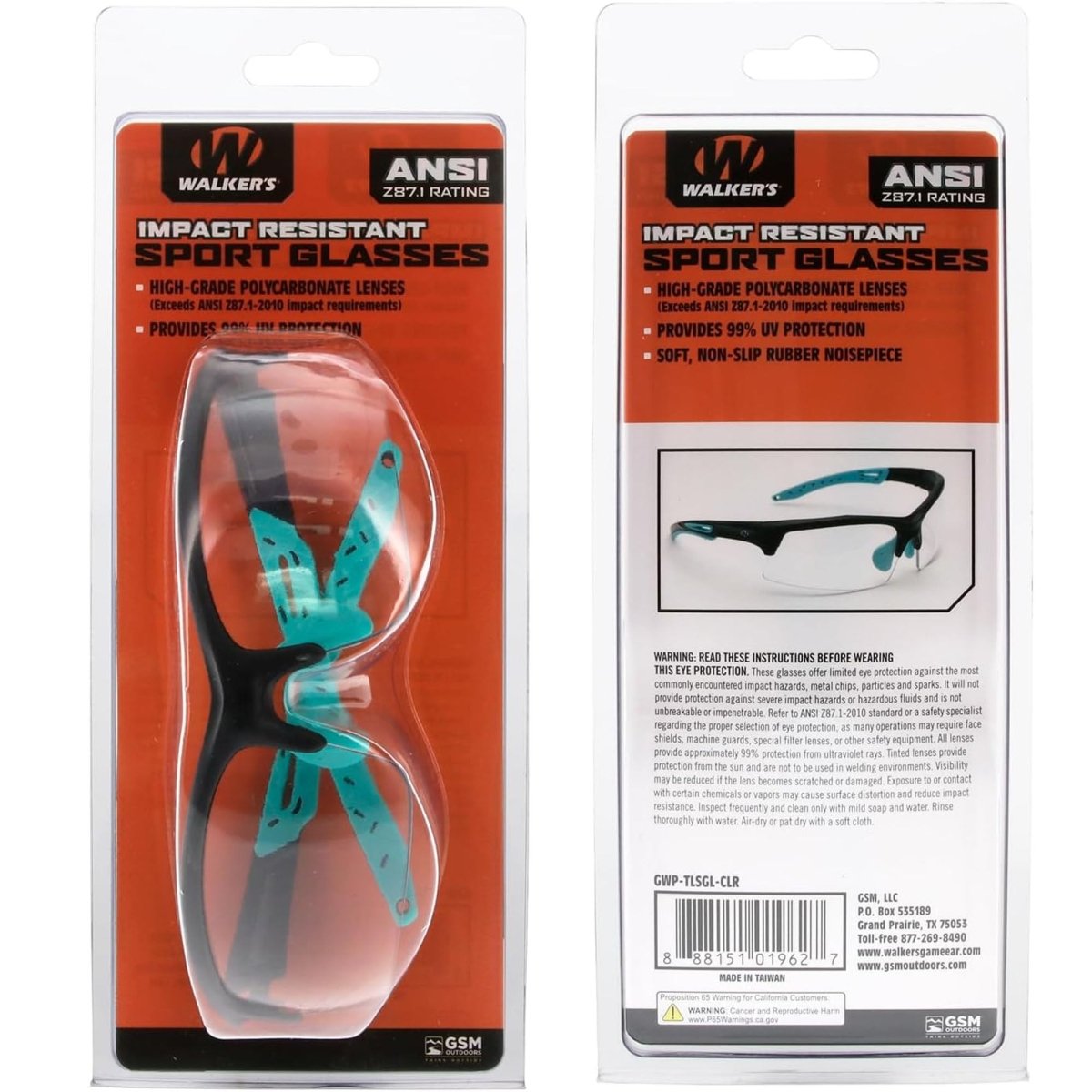 Walker's Teal Impact Resistant Sport Glasses - Clear Lenses - Forza Sports