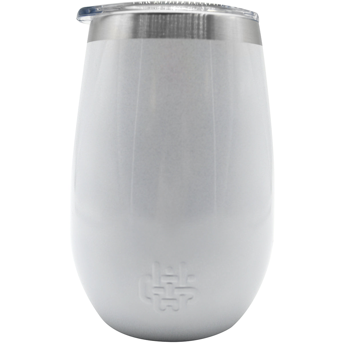 White insulated wine tumbler with a silver lid on a white background