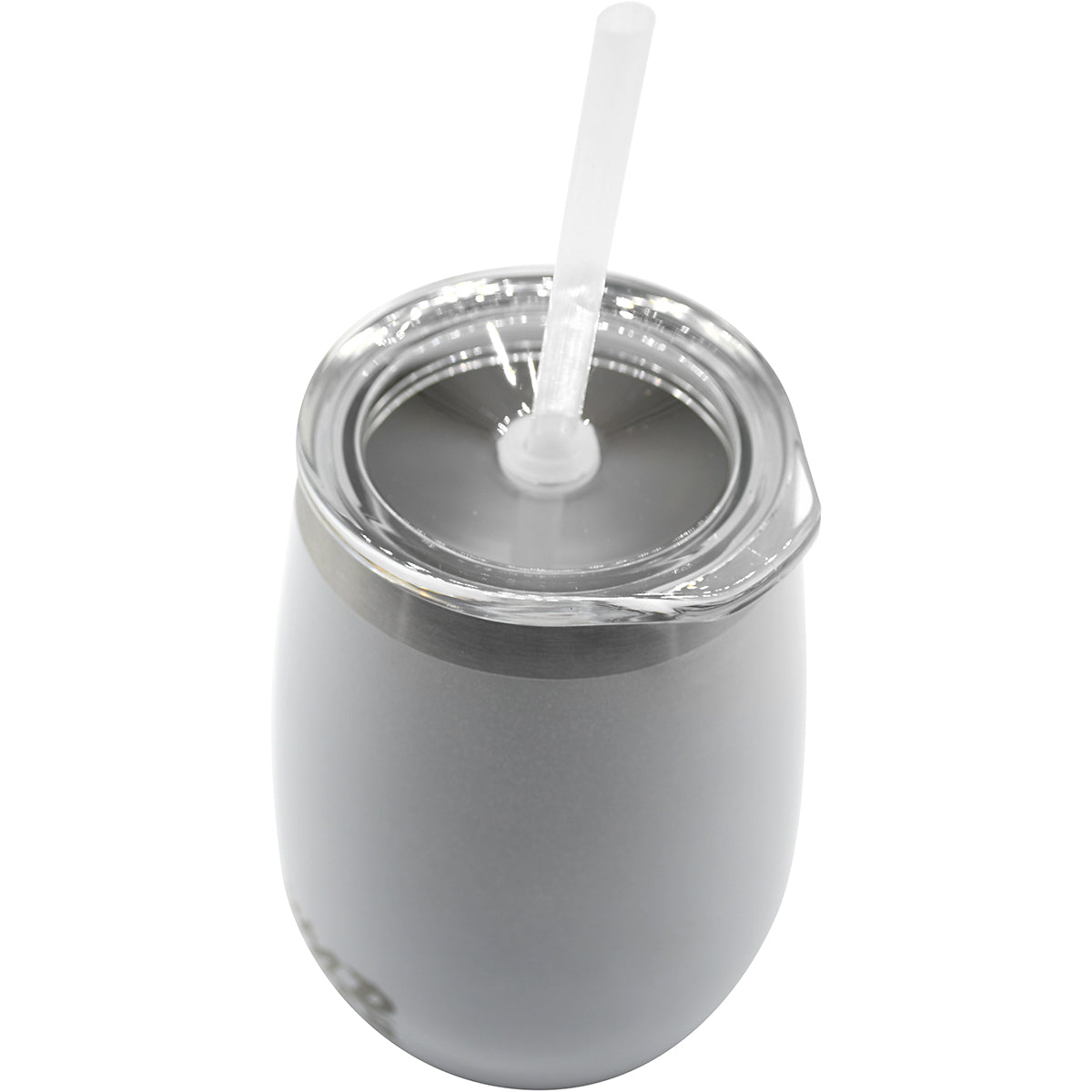 Gray tumbler with a straw on a white background
