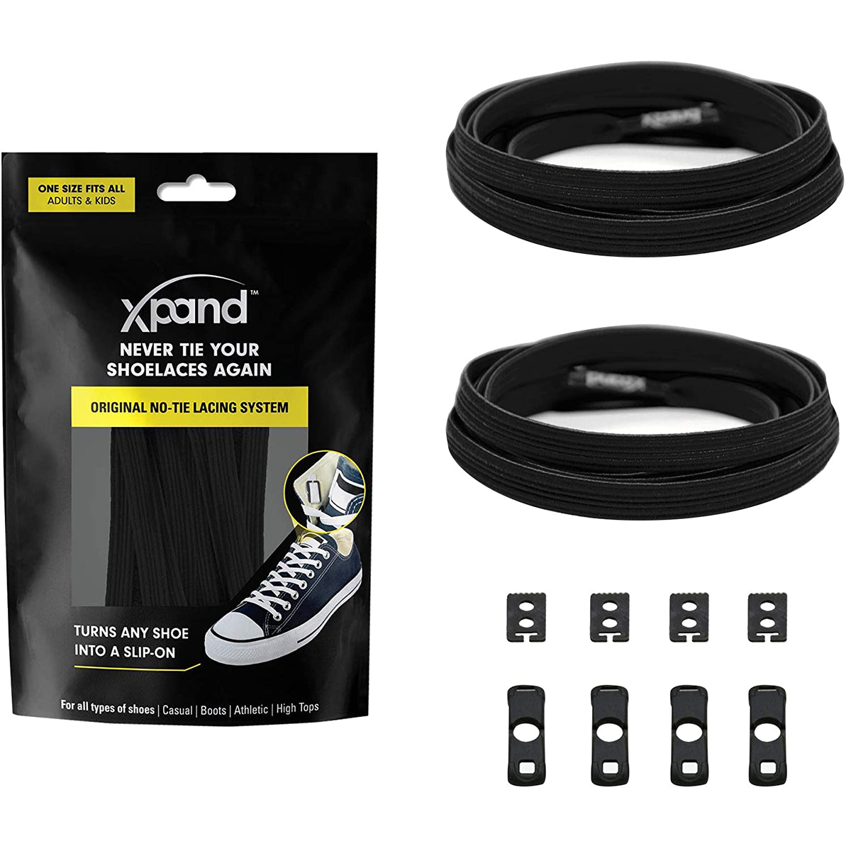 Xpand no-tie shoelace system packaging with black shoelaces and accessories on a white background