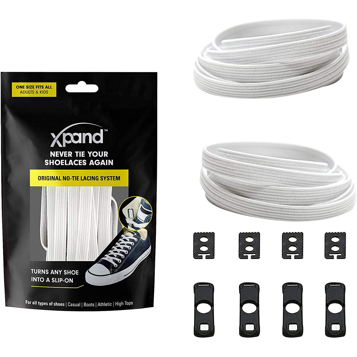 Xpand no-tye lacing system packaging with white shoelaces and black clips on a white background