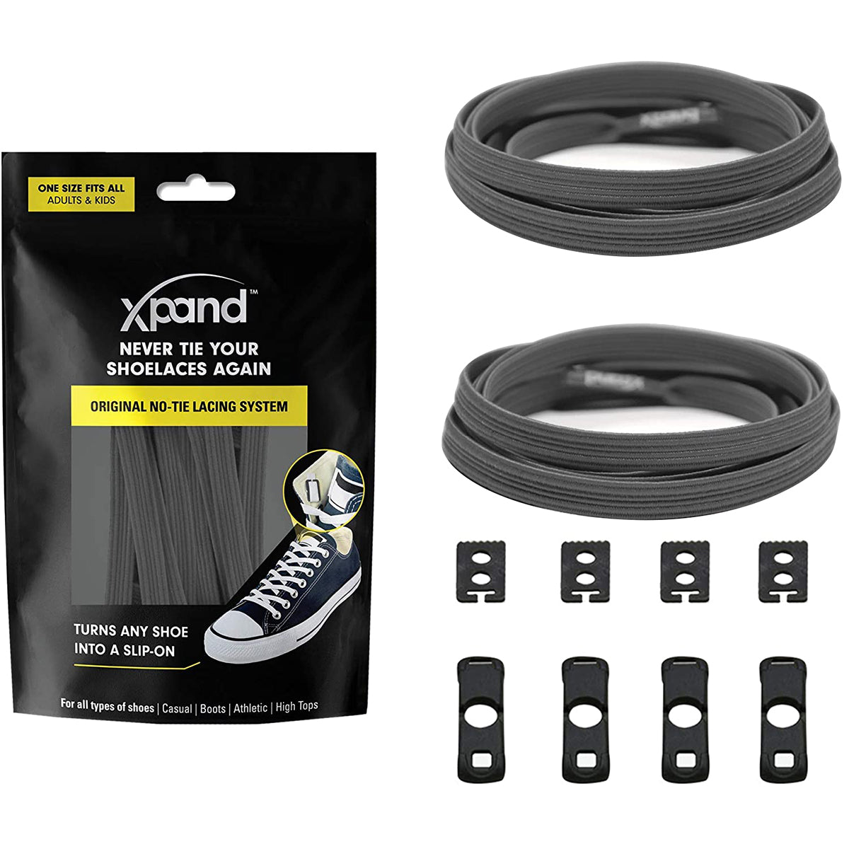 Xpand no-tie shoelace system packaging with black shoelaces, loops, and clips on a white background.