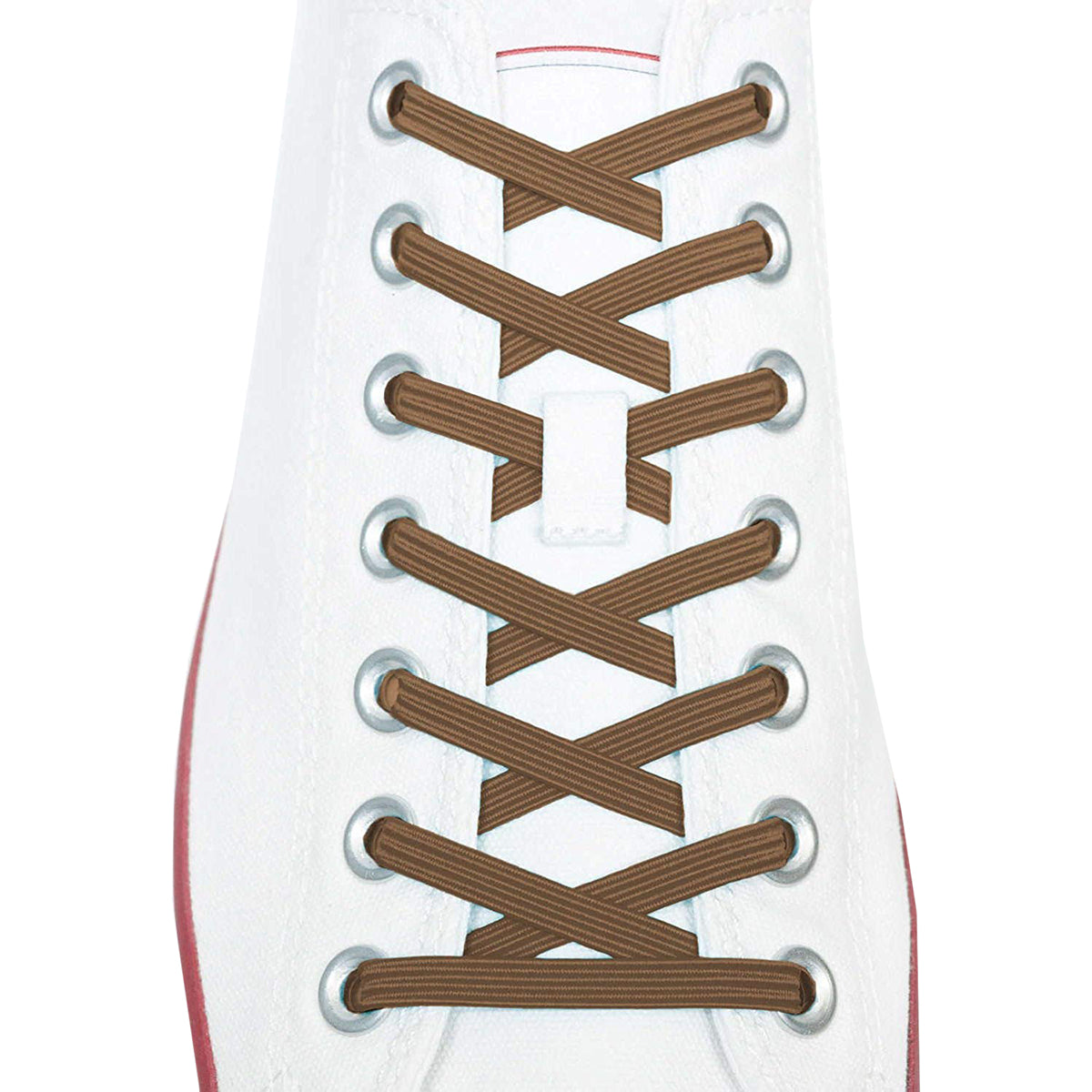 Brown shoelaces on a white sneaker with red accents