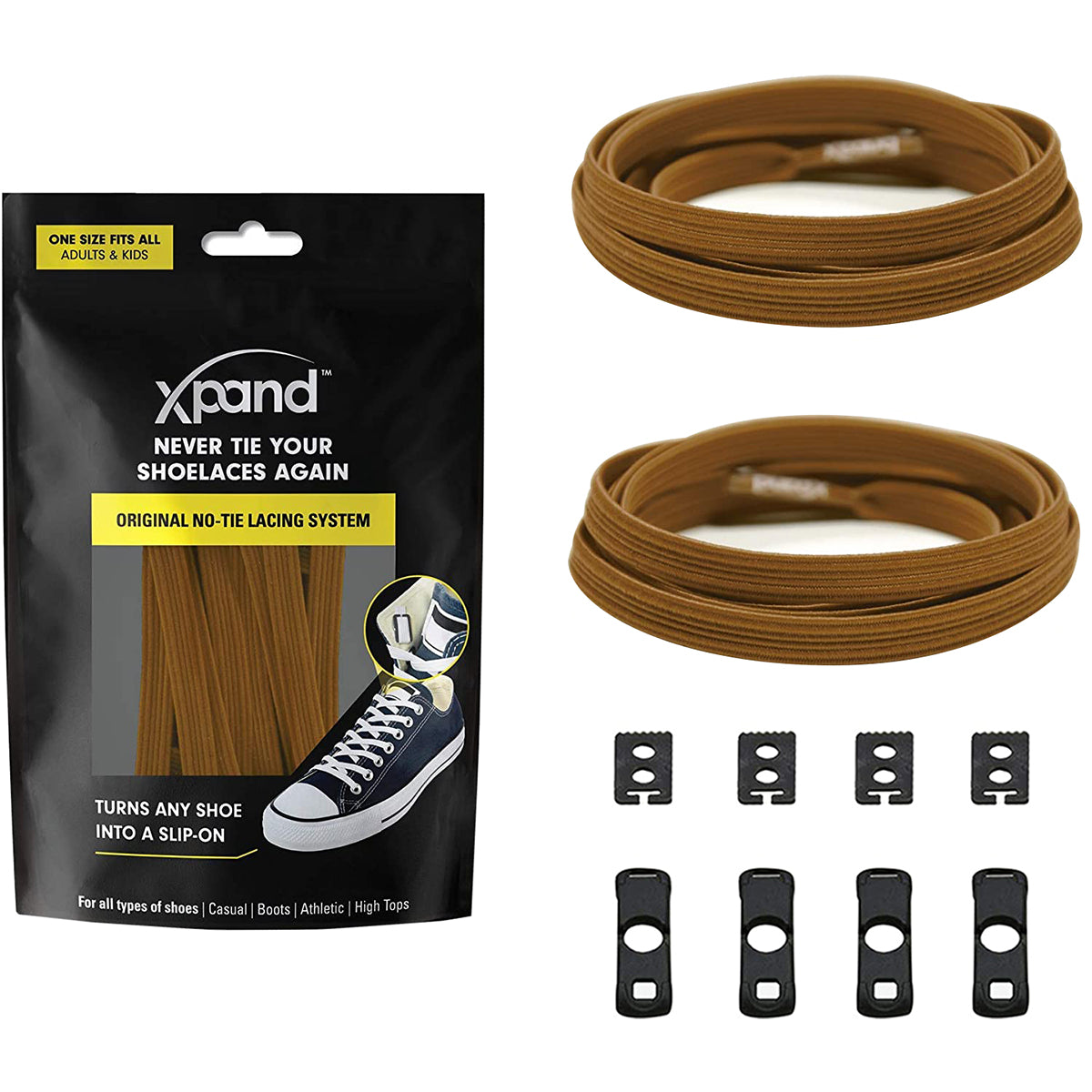 Xpand no-tie shoelace system with packaging, brown laces, and black clips on a white background.