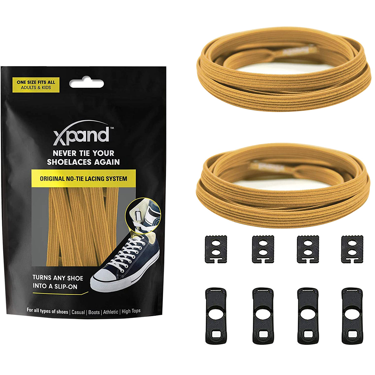 Xpand no-tying shoelace system with packaging, shoelaces, and clips on a white background