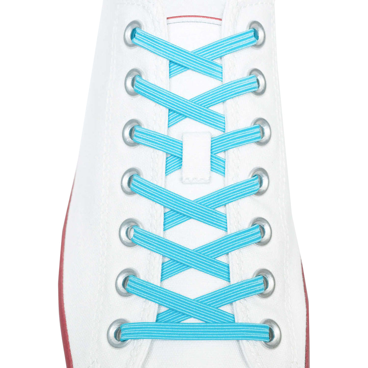 White sneaker with blue shoelaces on a white background