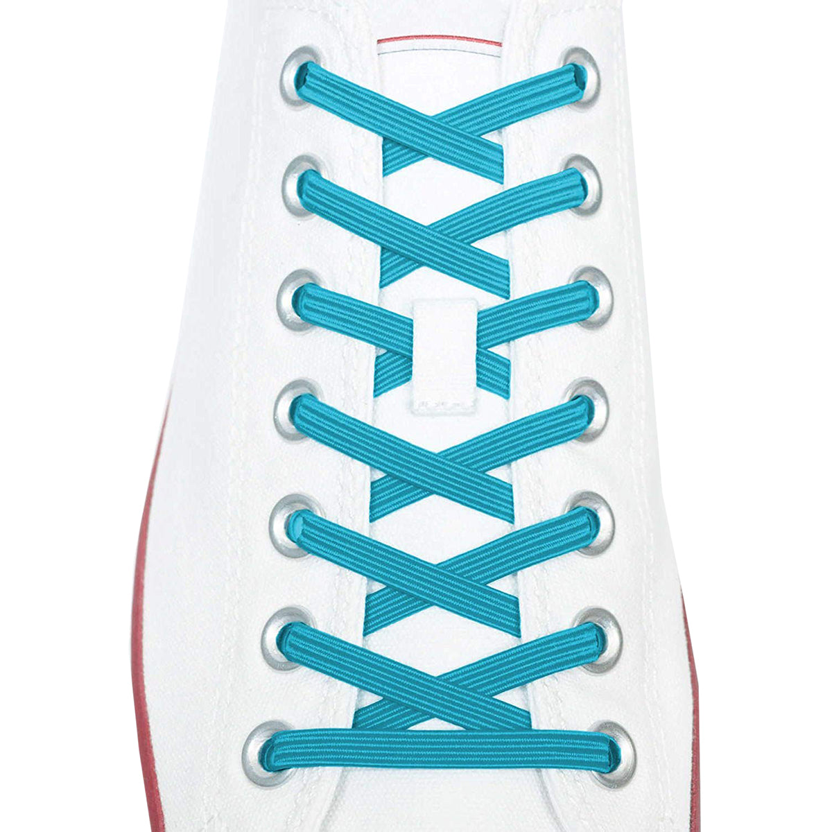 Close-up of a white sneaker with blue shoelaces on a white background
