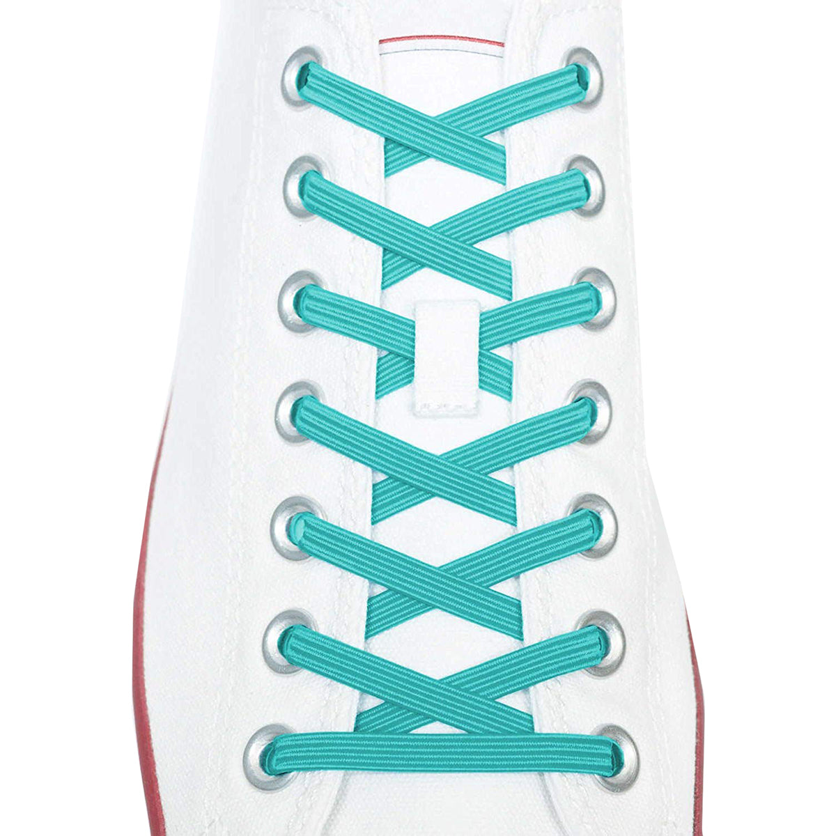 Close-up of teal shoelaces on a white sneaker with a red accent.