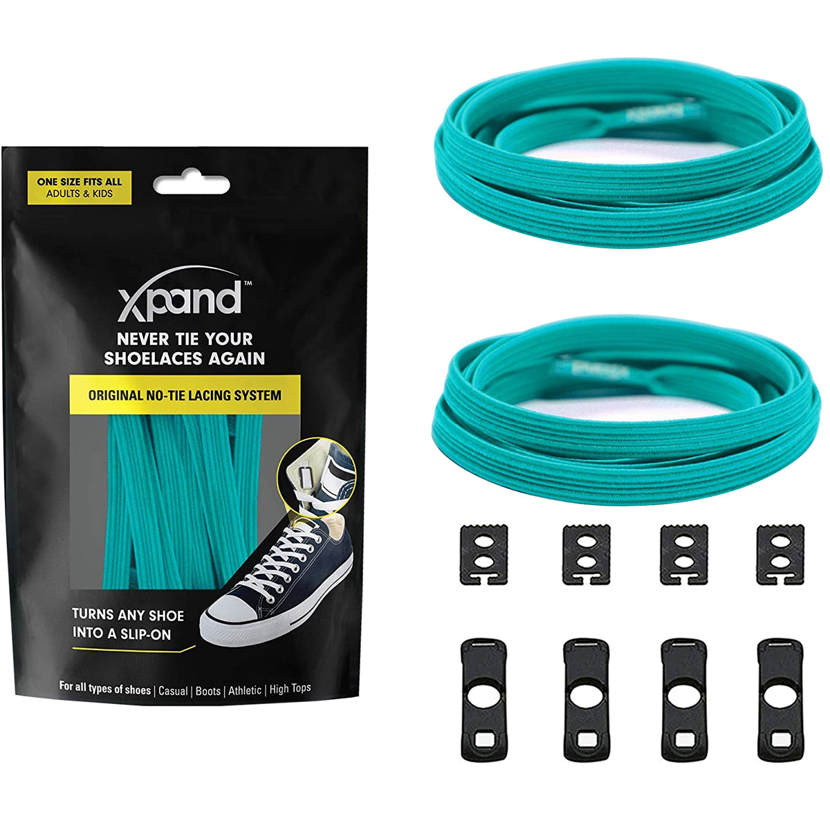 Teal shoelaces with packaging and accessories on a white background