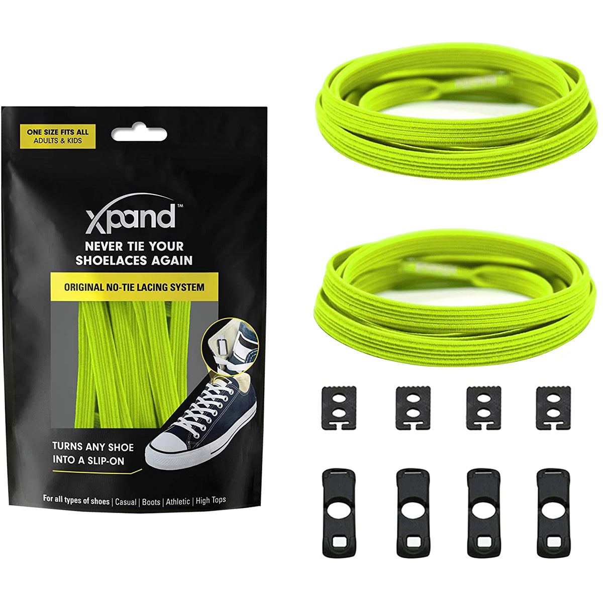 Xpand no-tie shoelace system with packaging and components on a white background