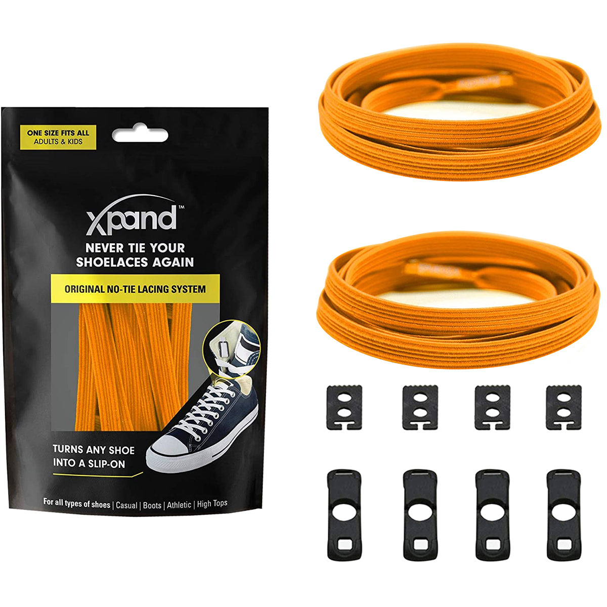 Xpand no-tying shoelace system with orange shoelaces and black components on a white background