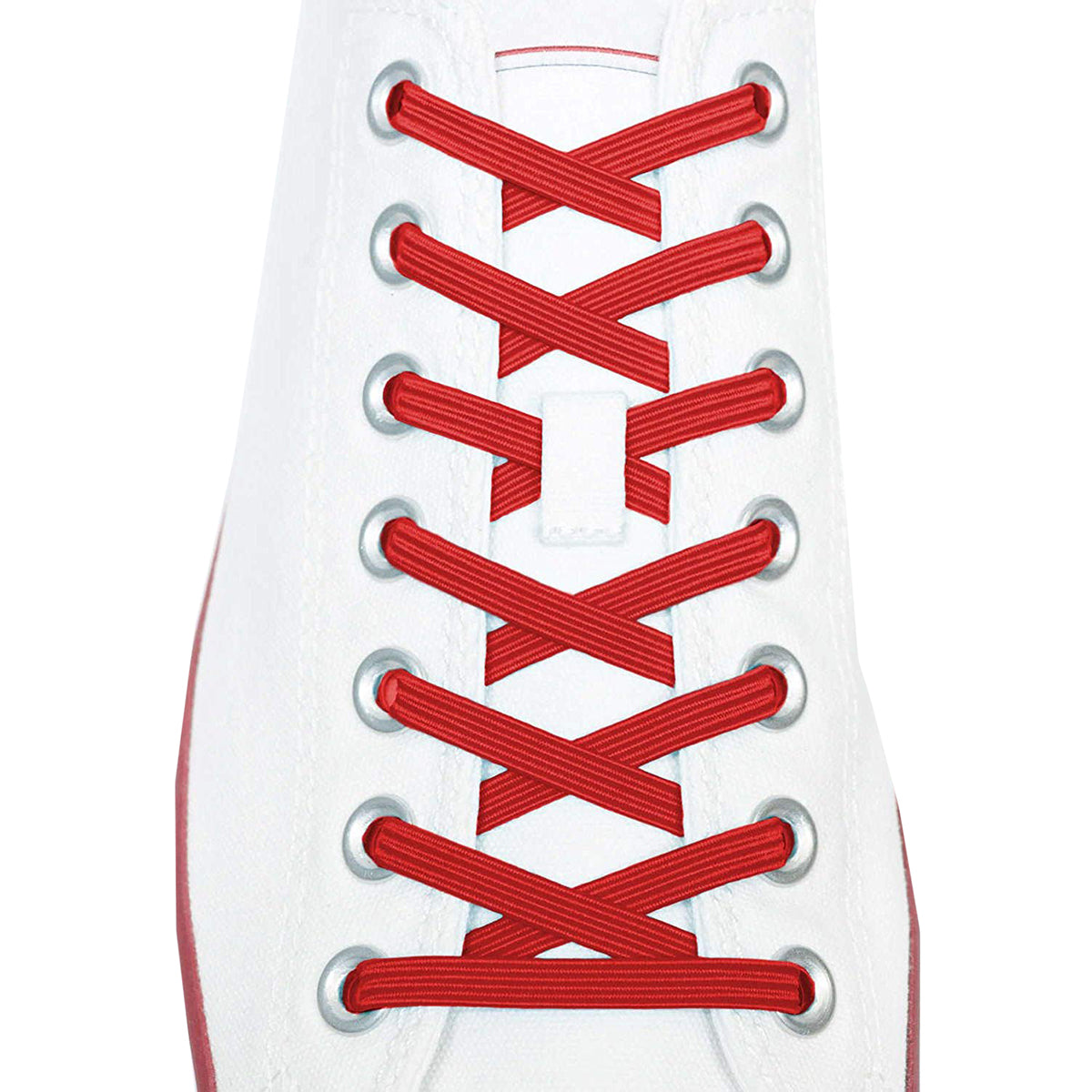 White sneaker with red laces on a white background
