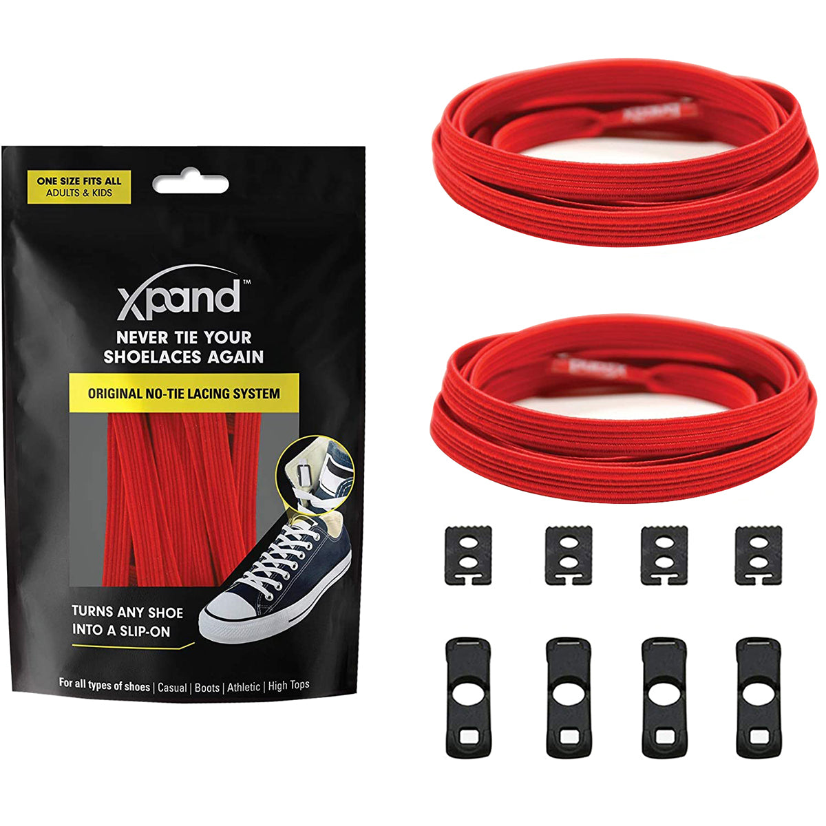 Xpand no-tying shoelace system packaging with red shoelaces and black lace holders on a white background.