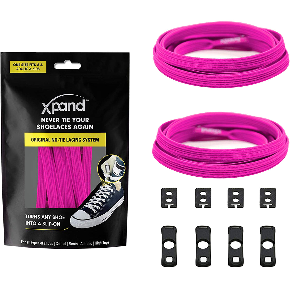 Xpand no-tie shoelace system with pink shoelaces and packaging on a white background