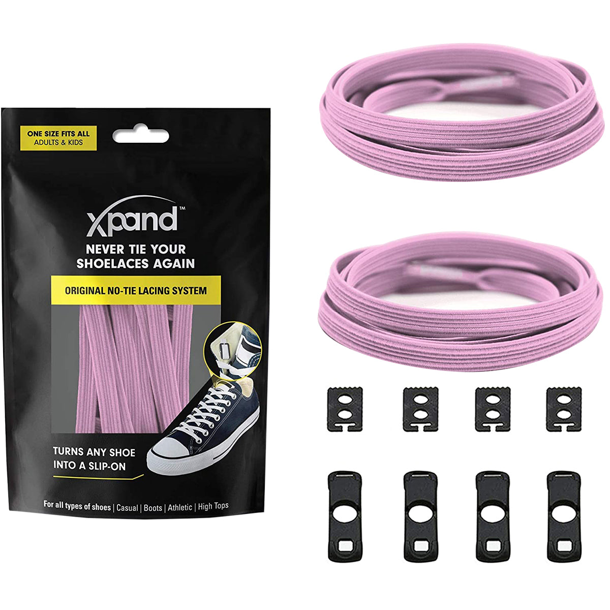 Xpand no-tying shoe lace system with packaging, laces, and clips on a white background
