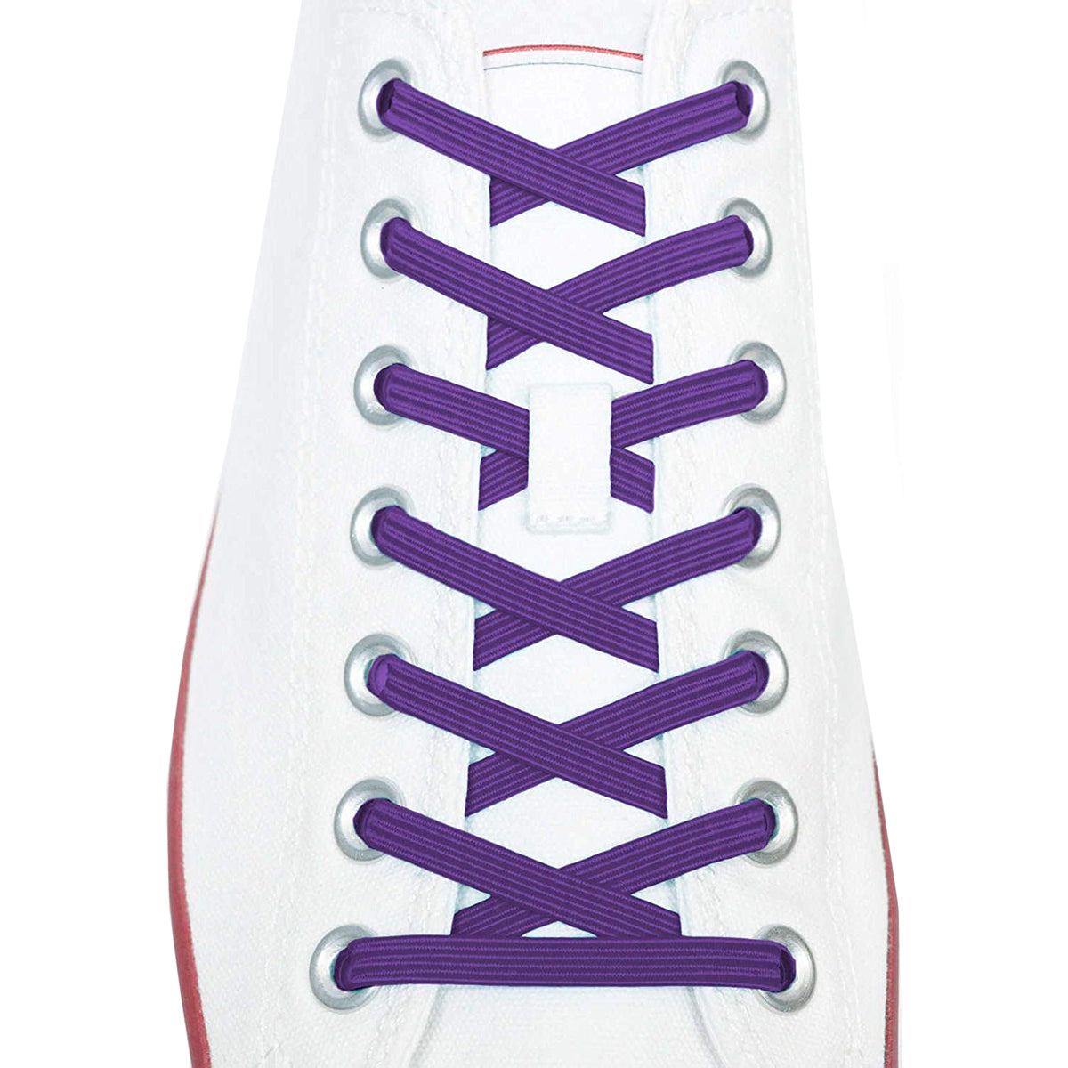 White sneaker with purple shoelaces on a white background