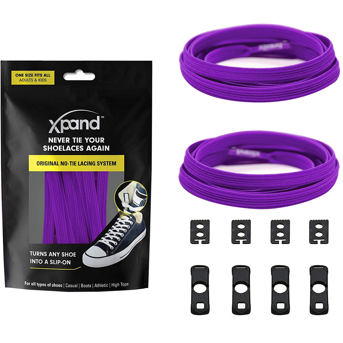 Purple shoelace system with packaging and accessories on a white background