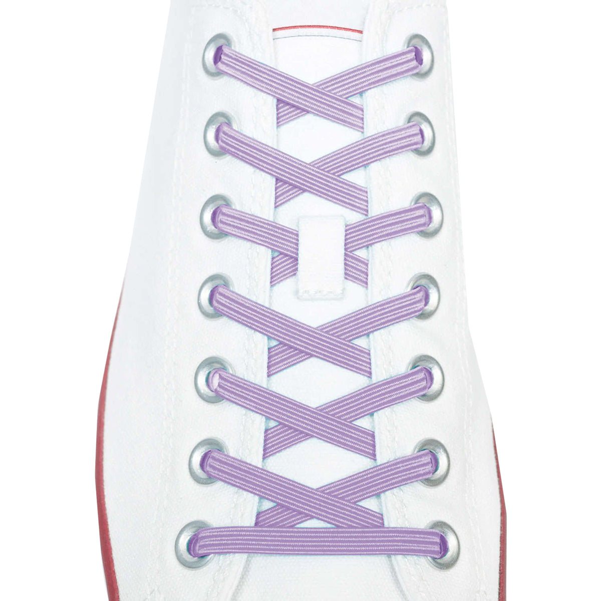 White sneaker with purple shoelaces on a white background