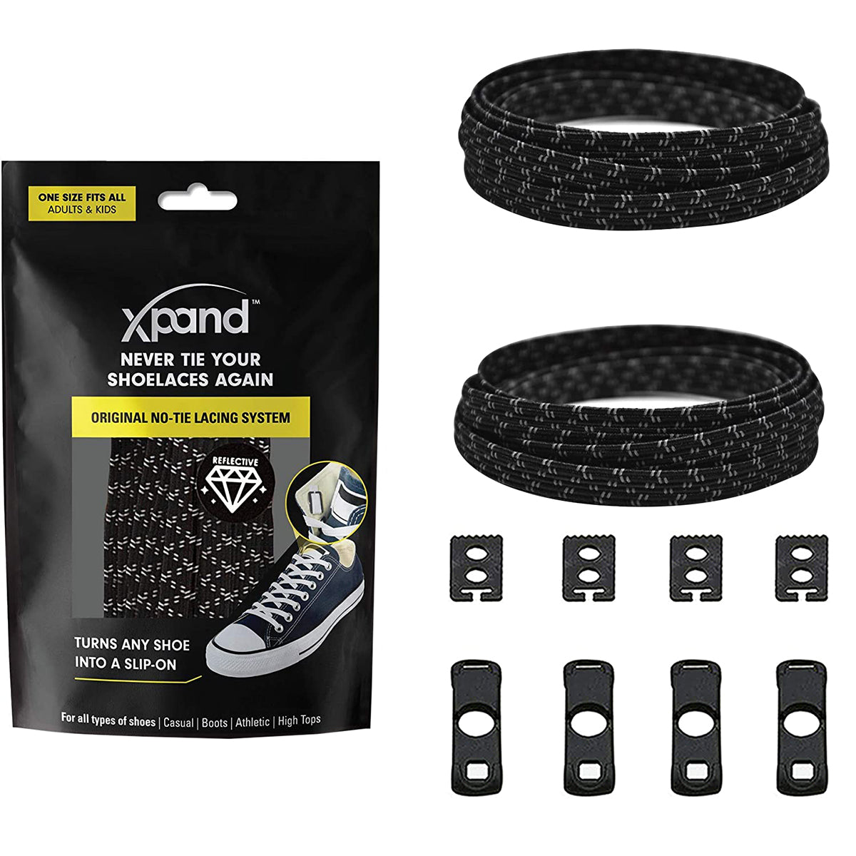 Xpand no-tying shoelace system packaging with shoelaces and accessories on a white background