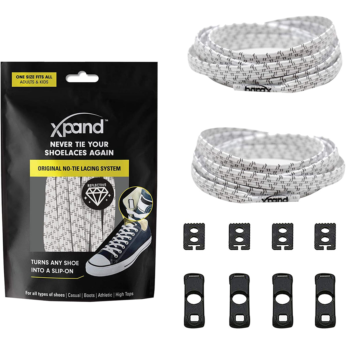 Xpand no-tying shoelace system with packaging, shoelaces, and lace holders on a white background
