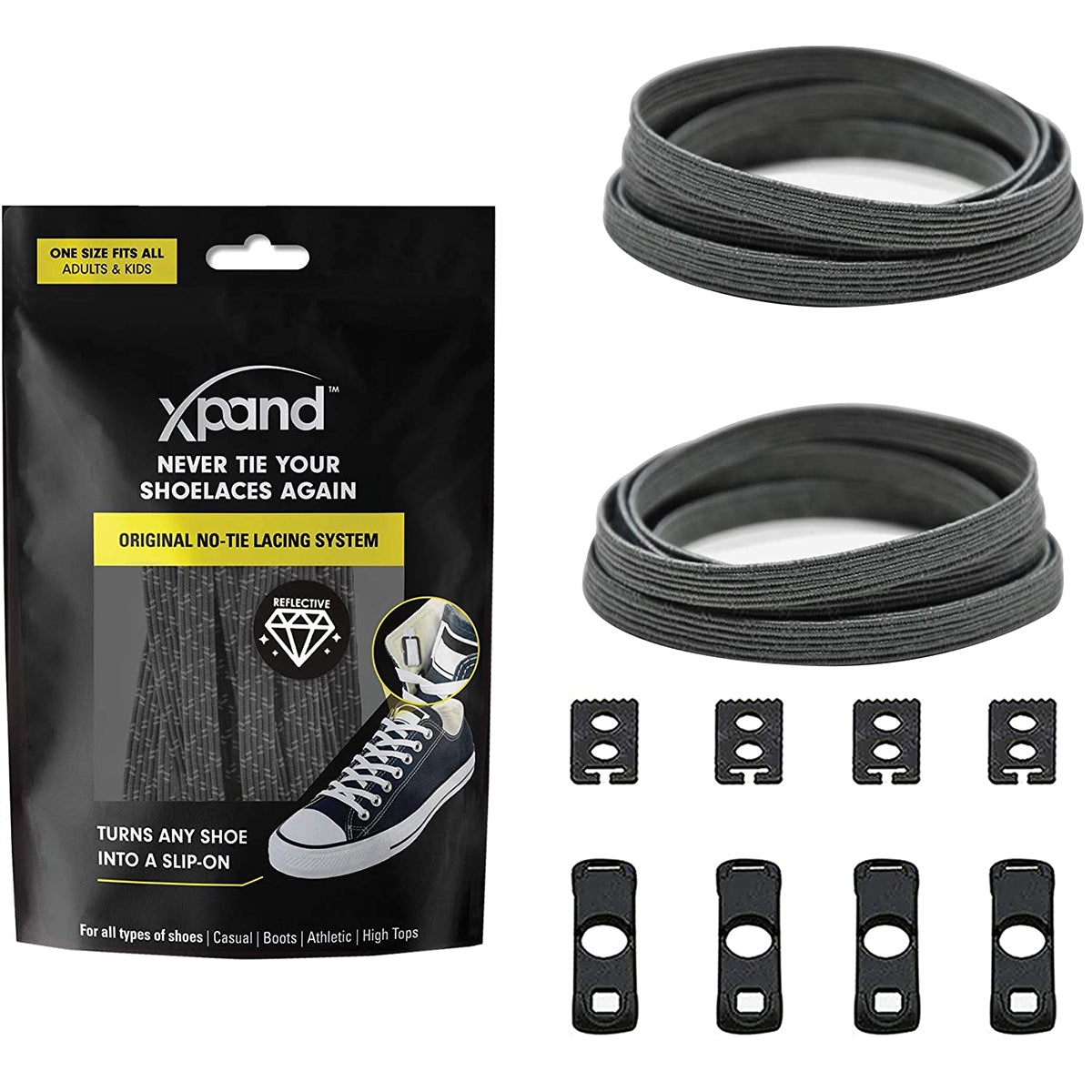 Xpand no-tying shoelace system packaging with shoelaces and clips on a white background