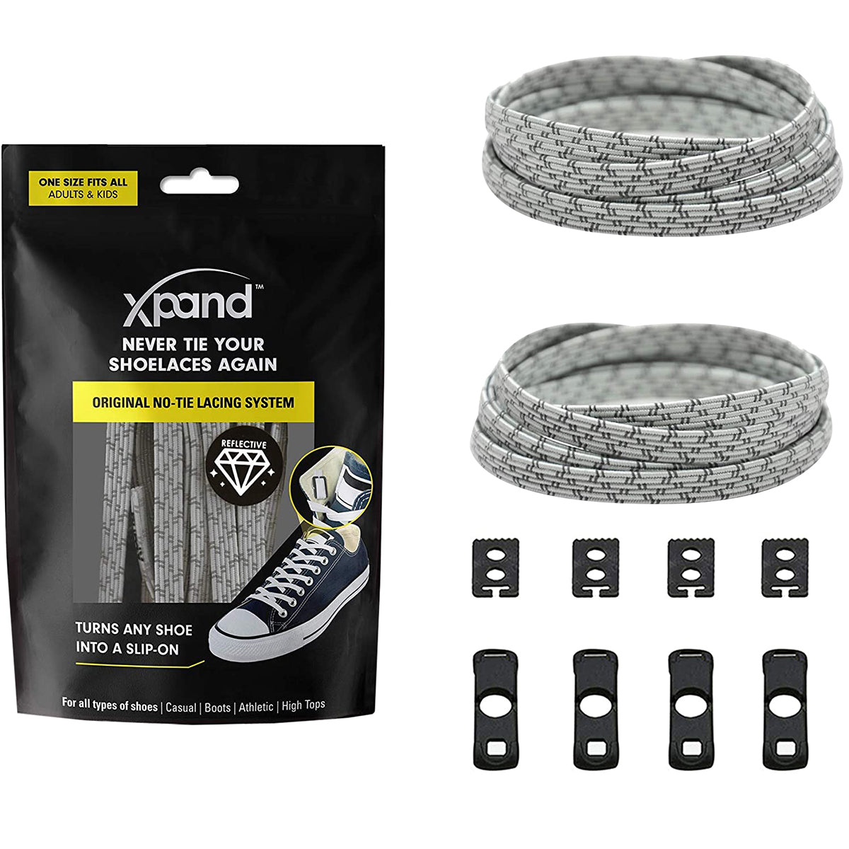 Xpand no-tying shoelace system packaging with shoelaces and clips on a white background