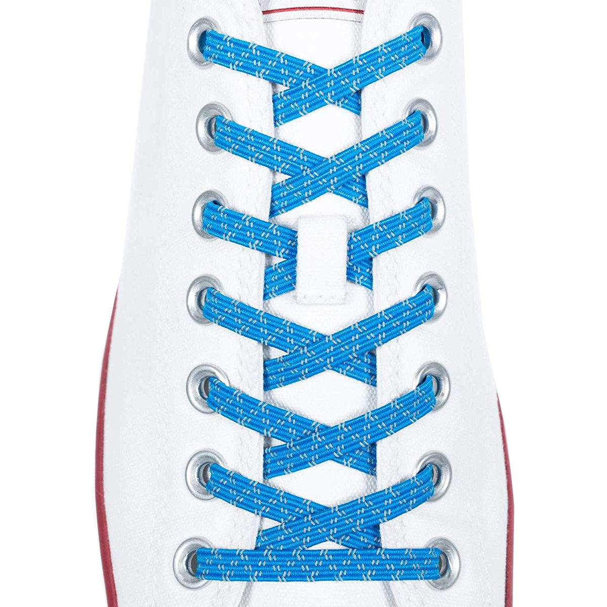 Close-up of a white sneaker with blue laces on a white background