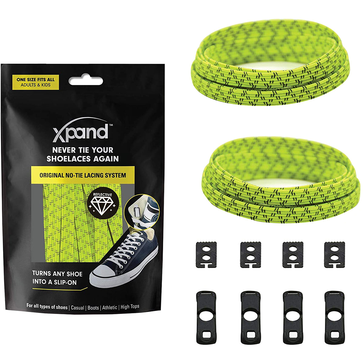 Xpand no-tie shoelace system with packaging and shoelaces displayed.
