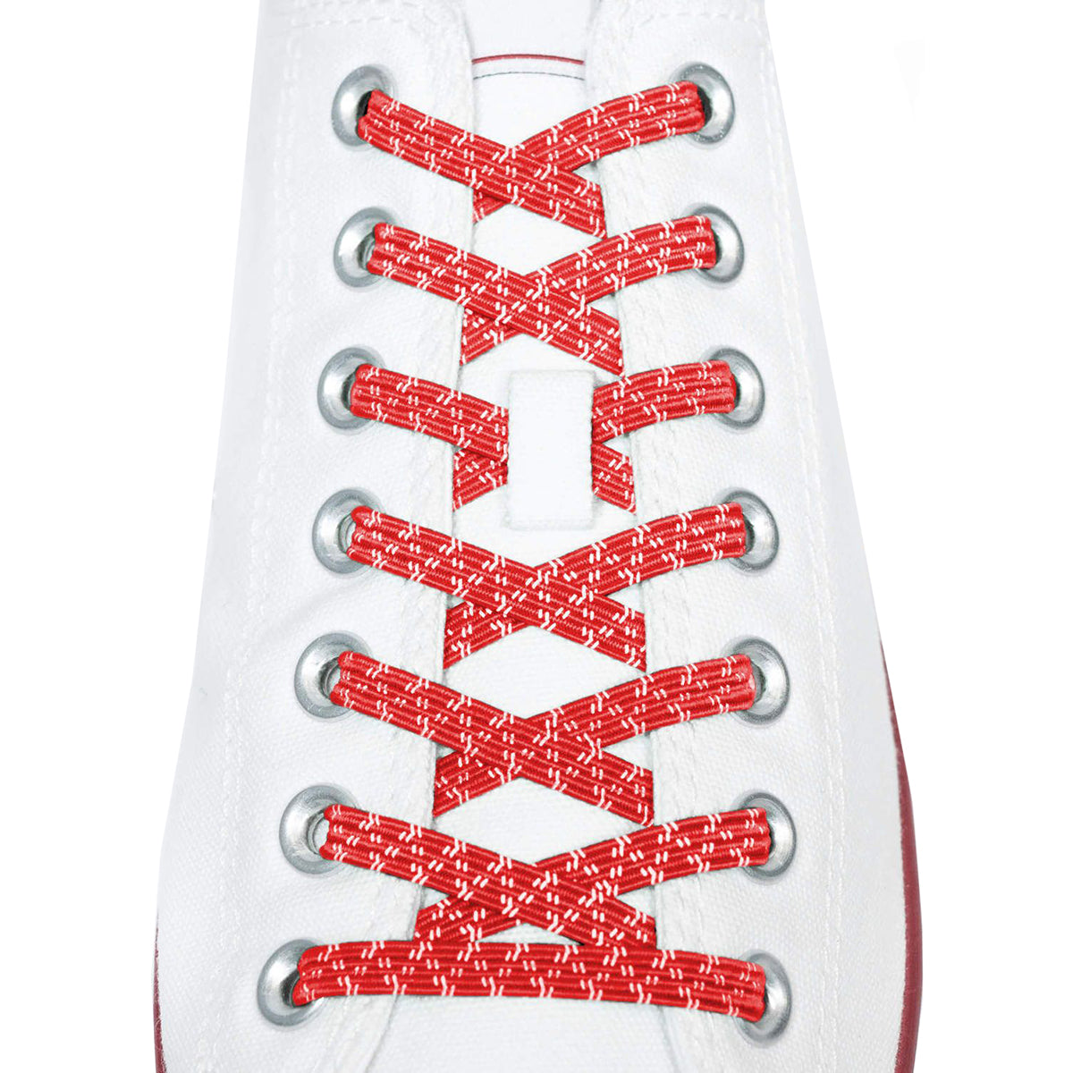 Red shoelaces with silver eyelets on a white sneaker