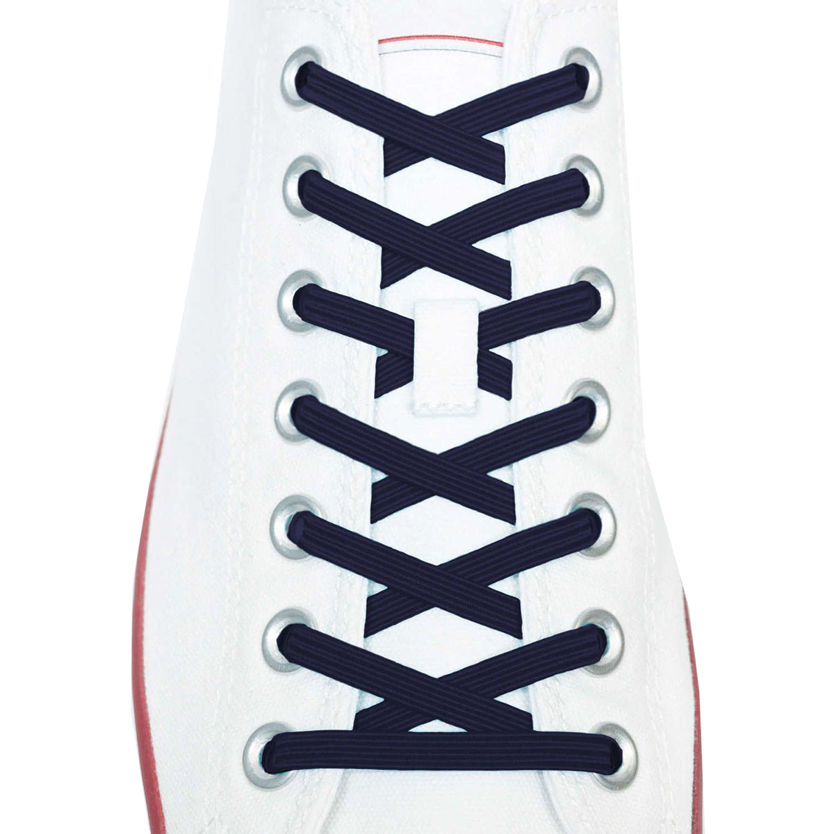 Navy shoelaces on a white sneaker with red accents