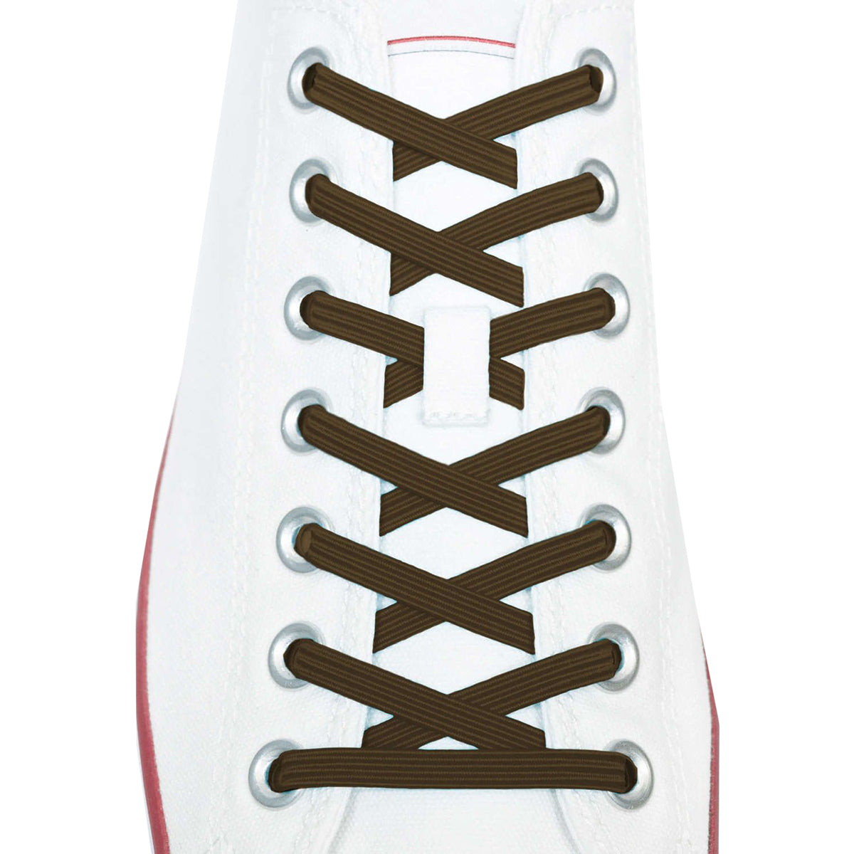 White sneaker with brown laces on a white background
