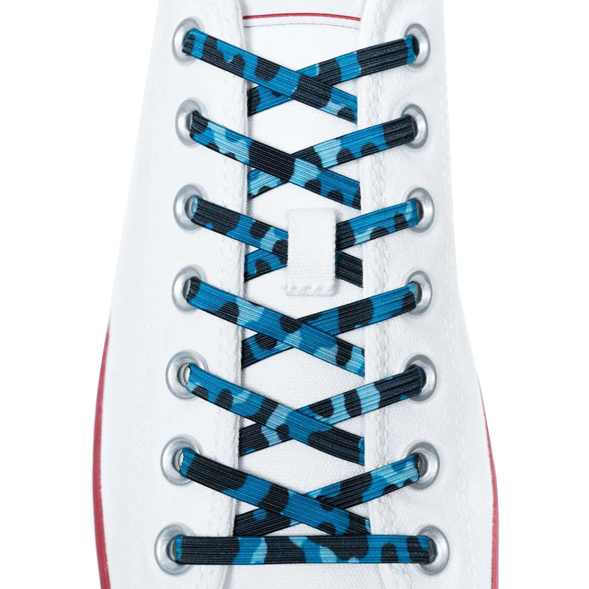 Blue and black shoelaces on a white sneaker with a red accent.