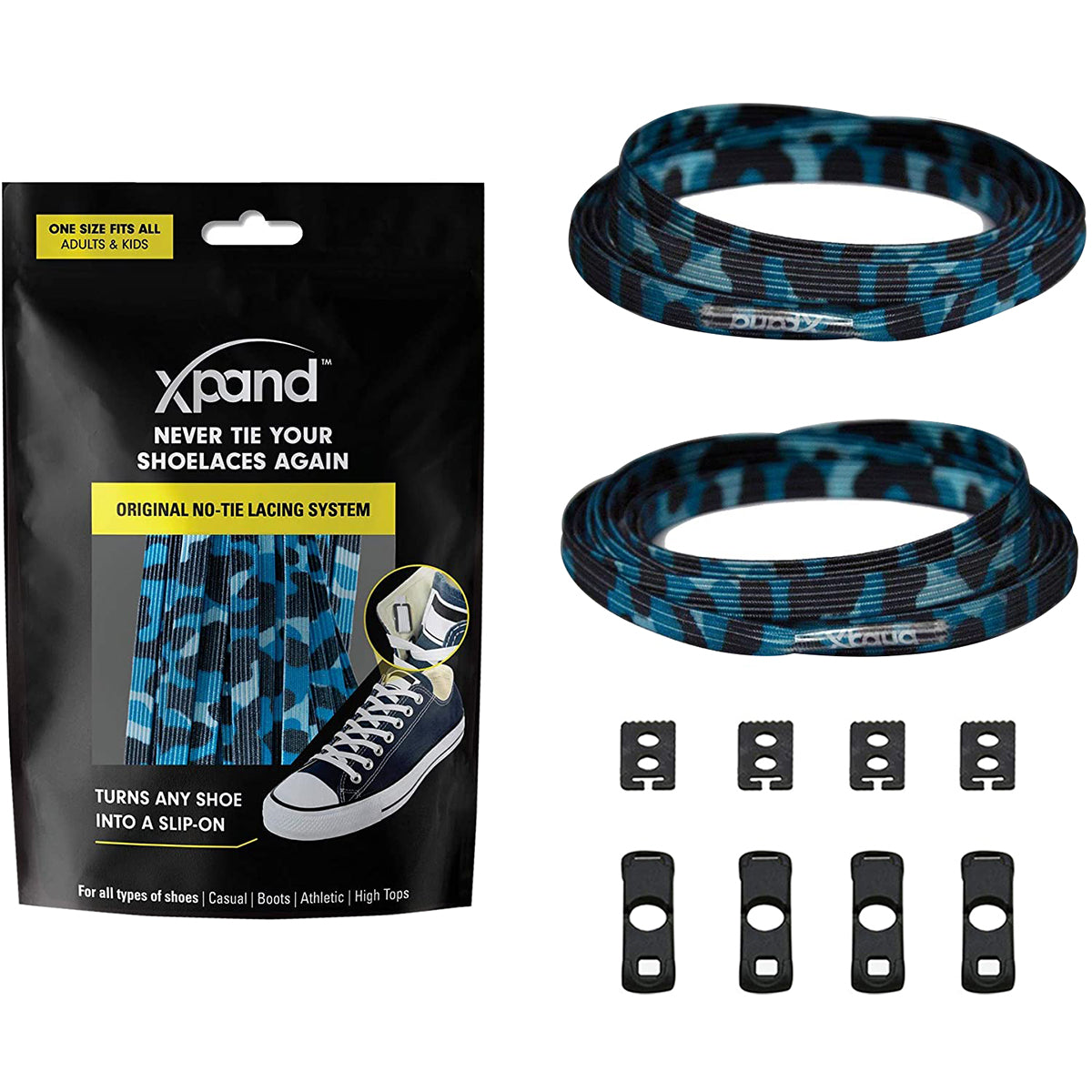 Xpand no-tying shoelace system with packaging and components on a white background