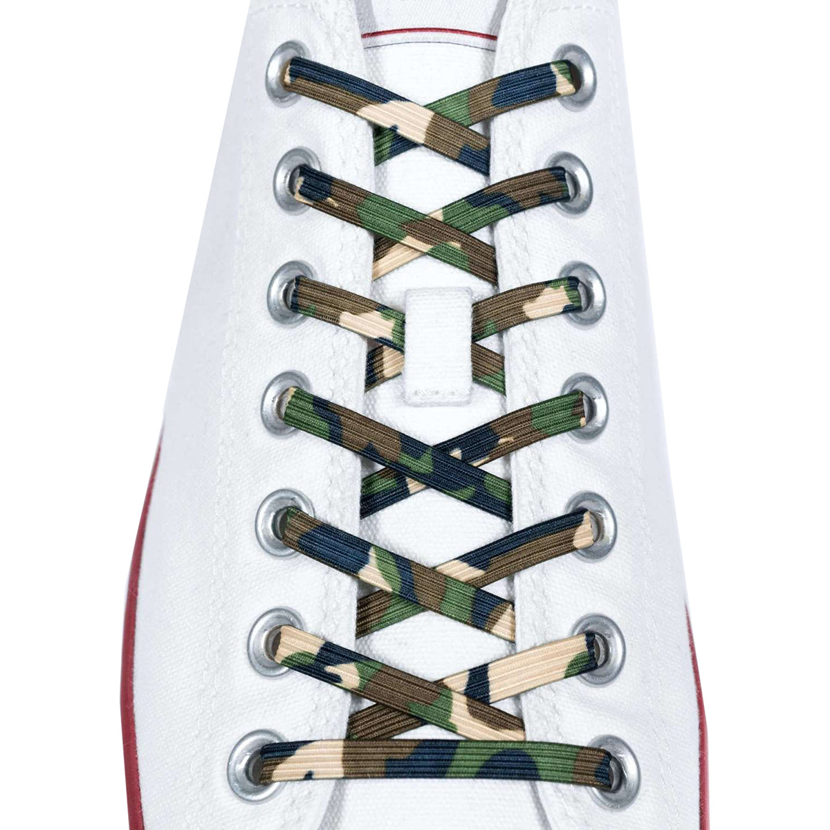 Camouflage shoelaces on a white sneaker with red accents