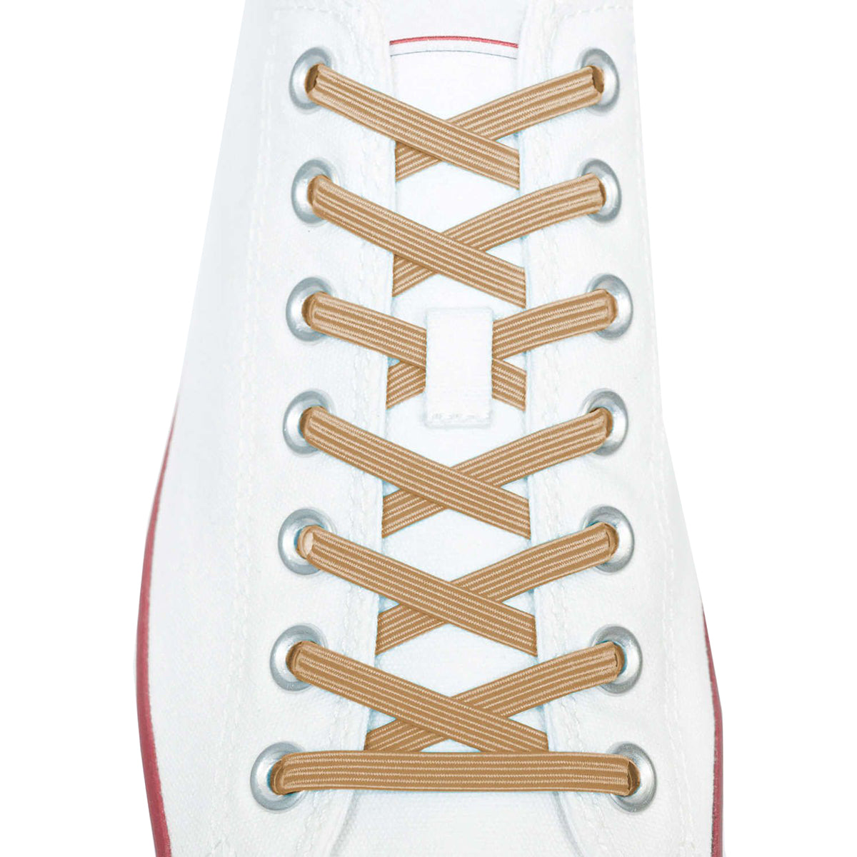 Close-up of a white sneaker with brown laces on a white background