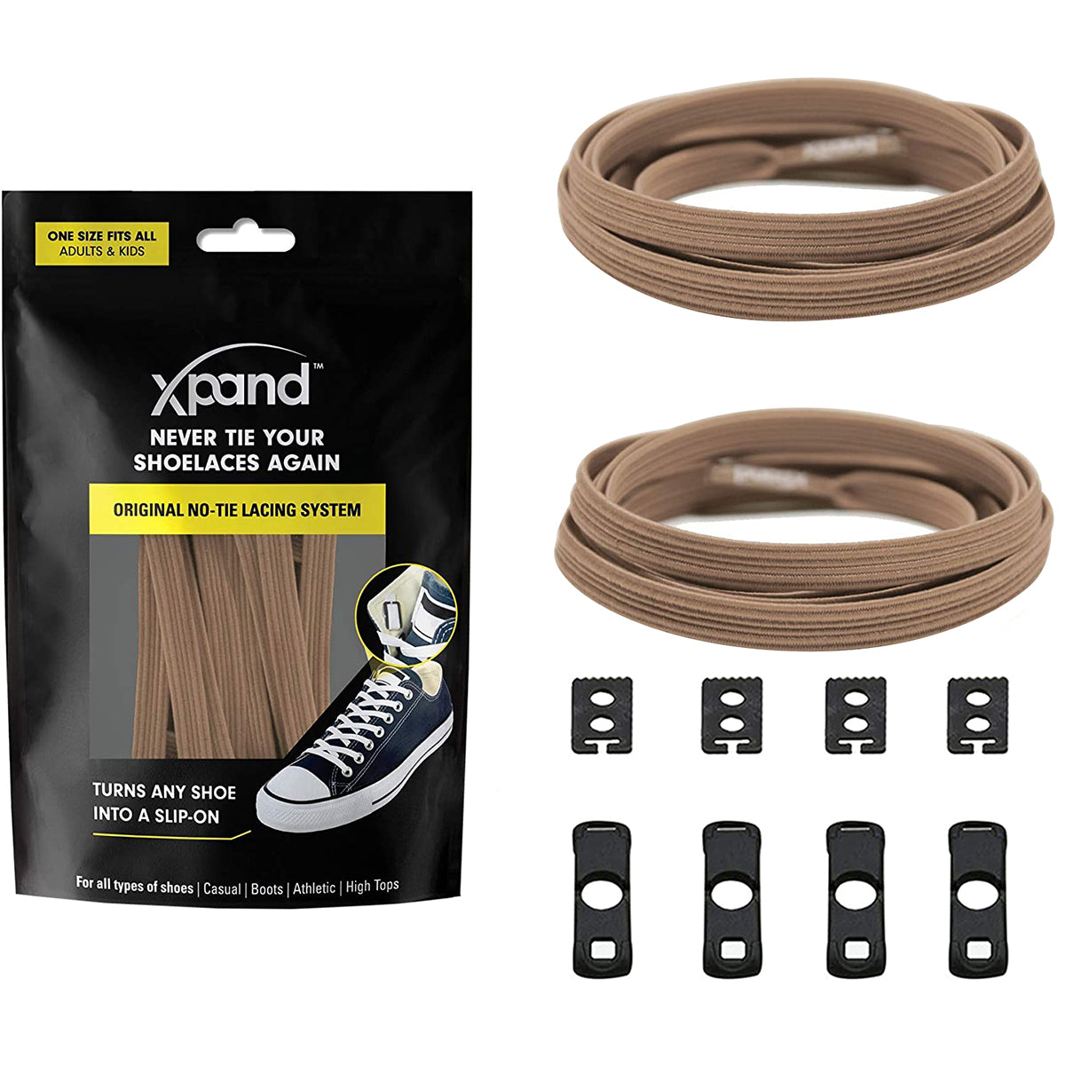 Xpand no-tie shoelace system packaging with shoelaces and clips on a white background