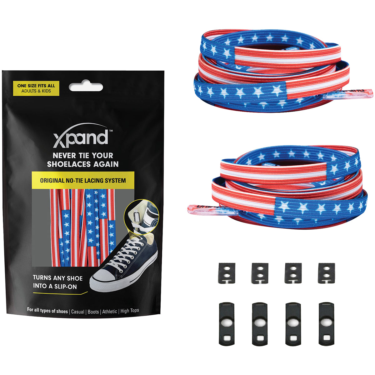 Xpand no-tying shoelace system with American flag design on a white background