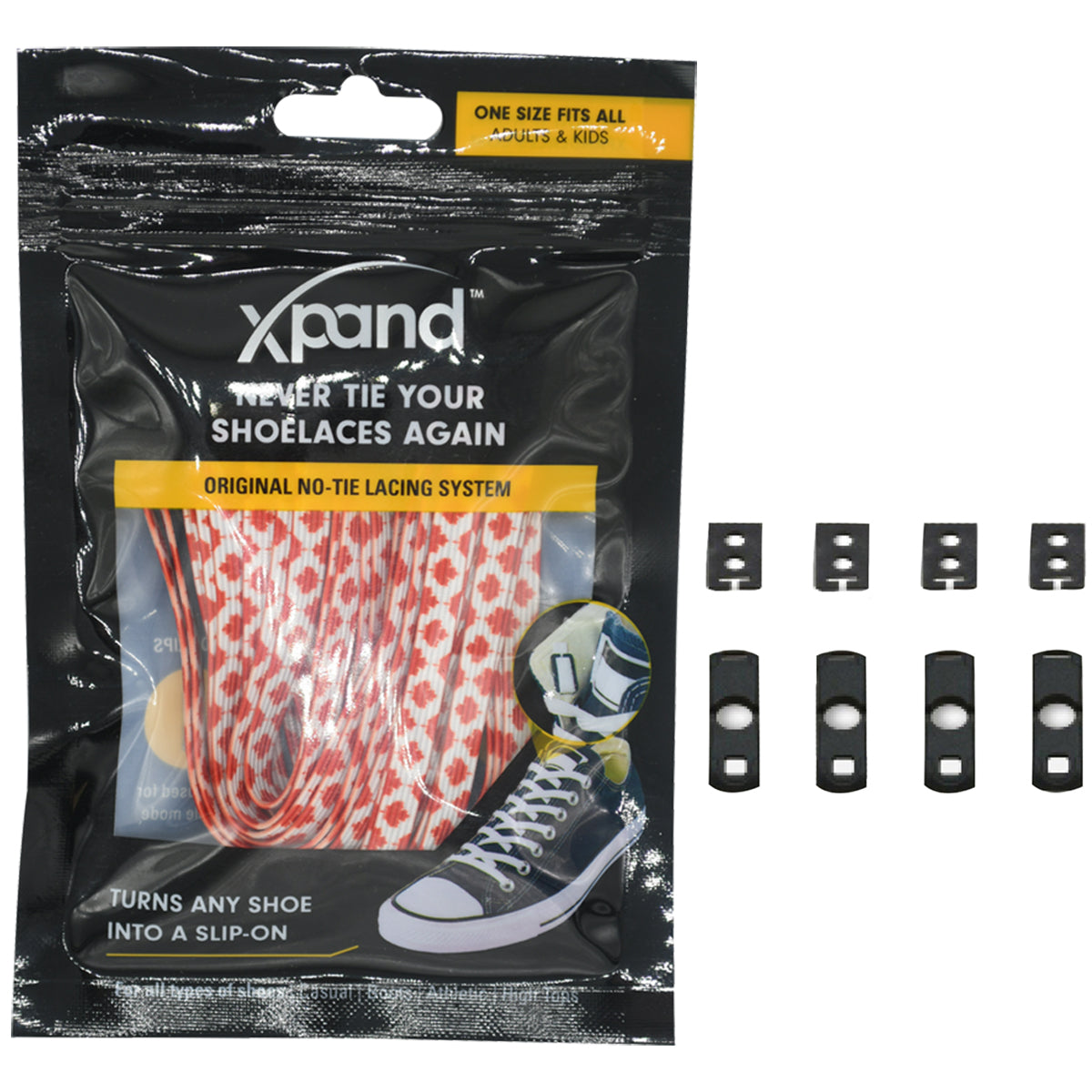 Xpand no-tye shoelace system packaging with shoelaces and hardware on a white background