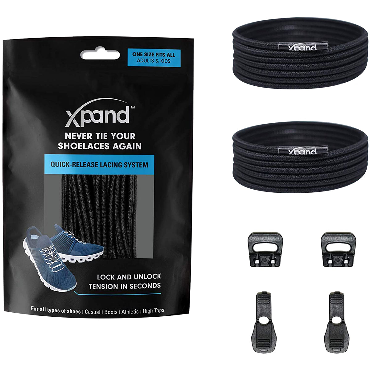 Xpand shoelace system packaging with black shoelaces and quick-release lacing system components.