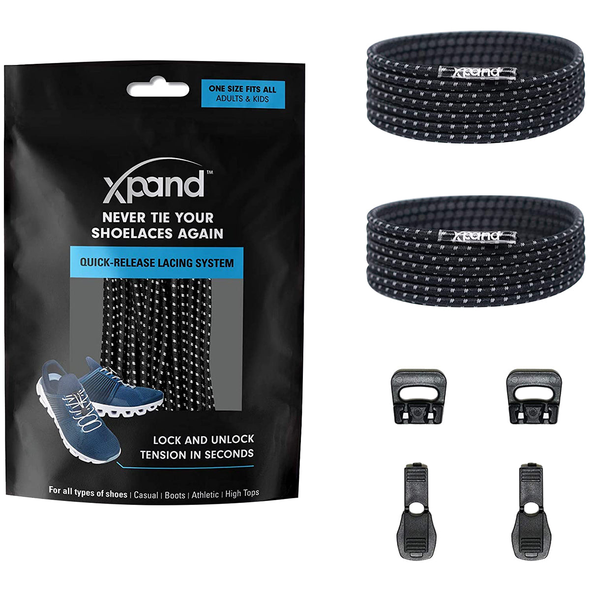 Xband shoelace system packaging with black shoelaces and quick-release lacing system components