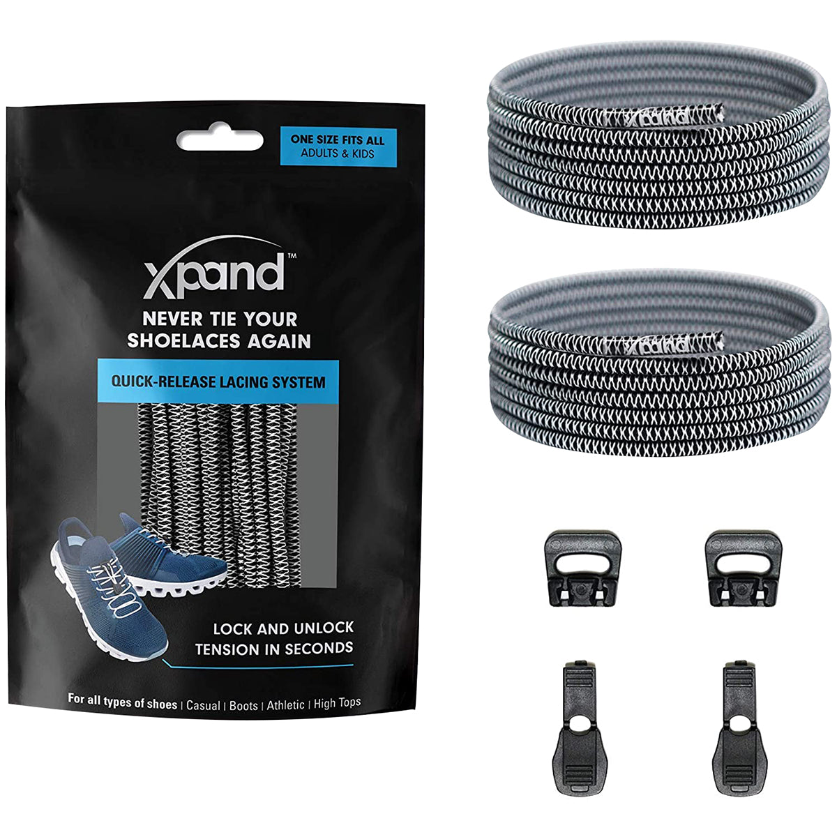 Xband shoelace system packaging with shoelaces and quick-release clasps on a white background