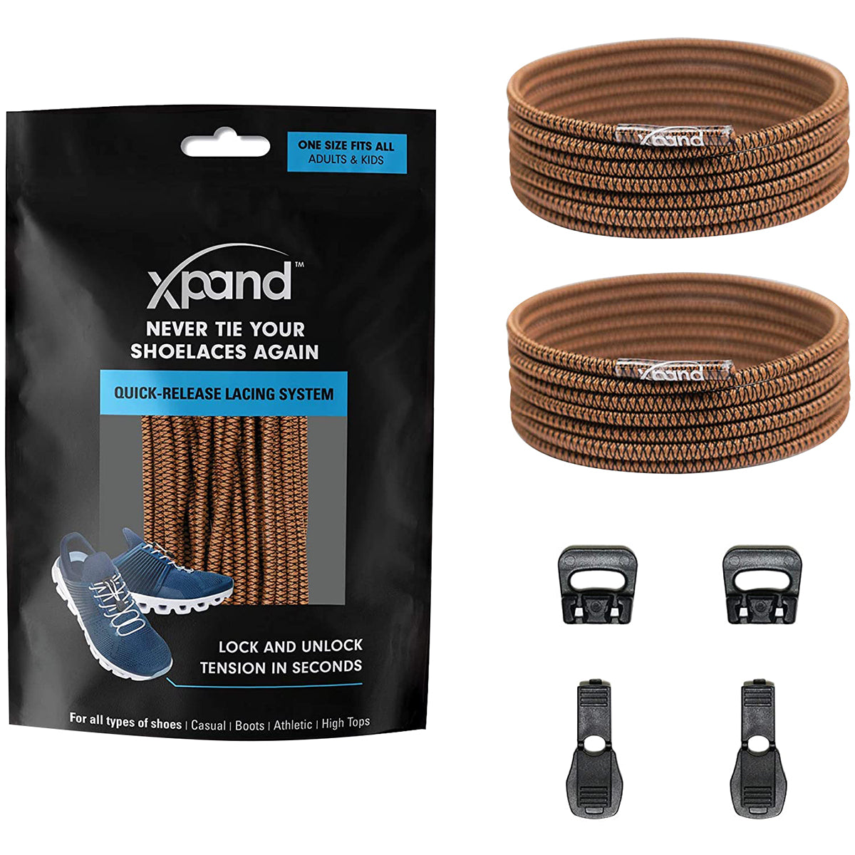 Xpand shoelace system packaging with brown shoelaces and quick-release hardware - Forza Sports - Brown