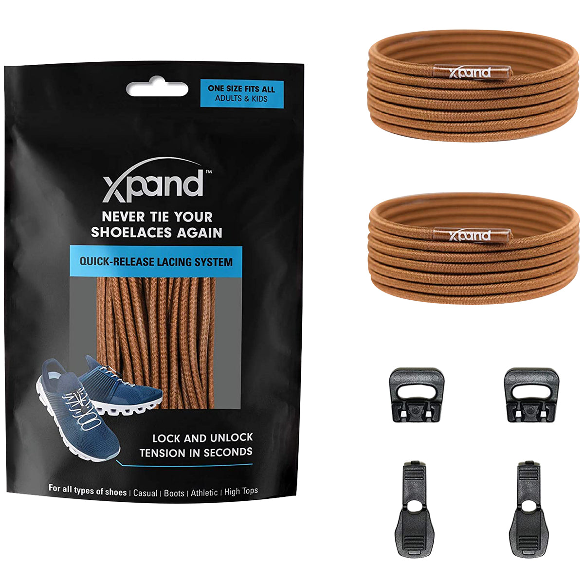 Xpand shoelace system packaging with brown shoelaces and black quick-release lacing system components - solid brown
