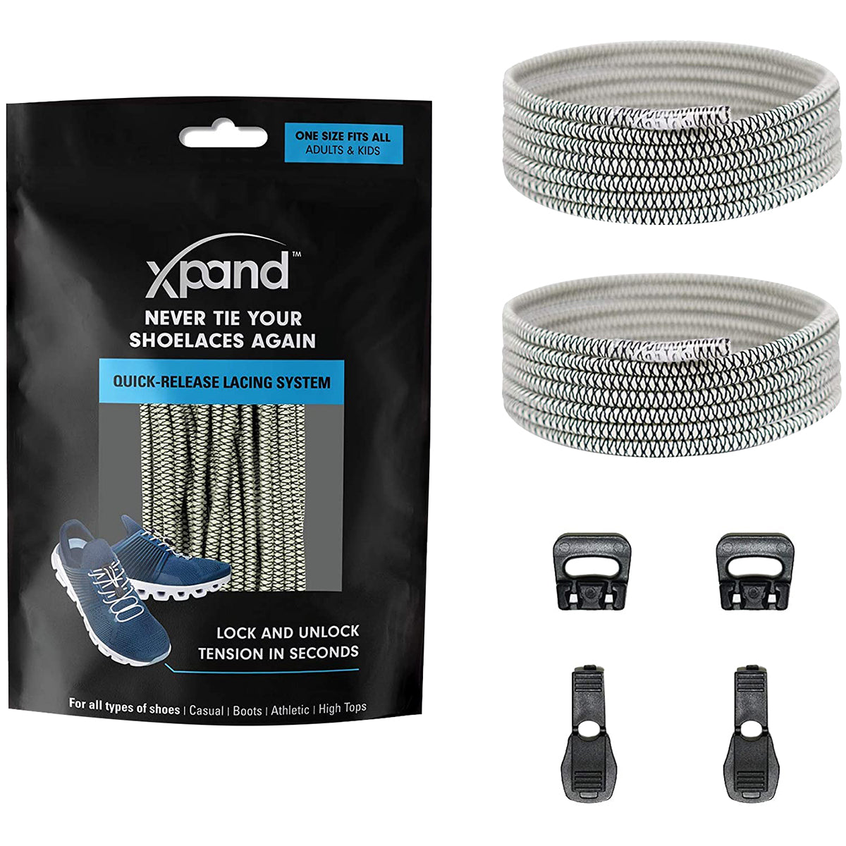 Xband shoelace system packaging with shoelaces and quick-release lacing system components - Forza Sports