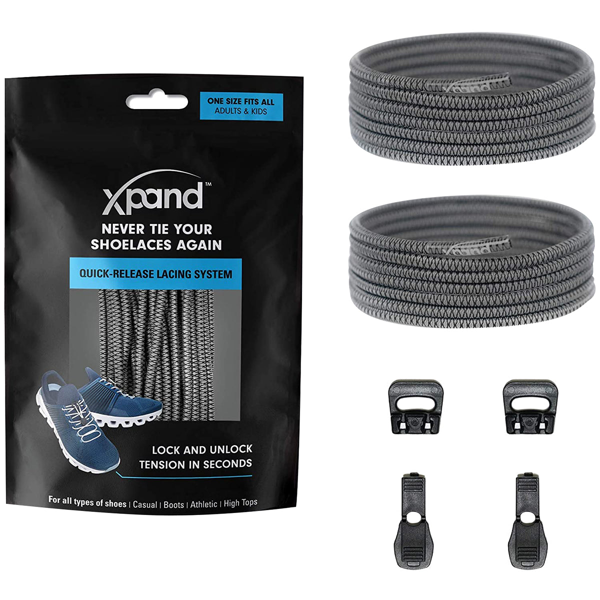 Xband shoelace system packaging with gray shoelaces and quick-release clasps on a white background
