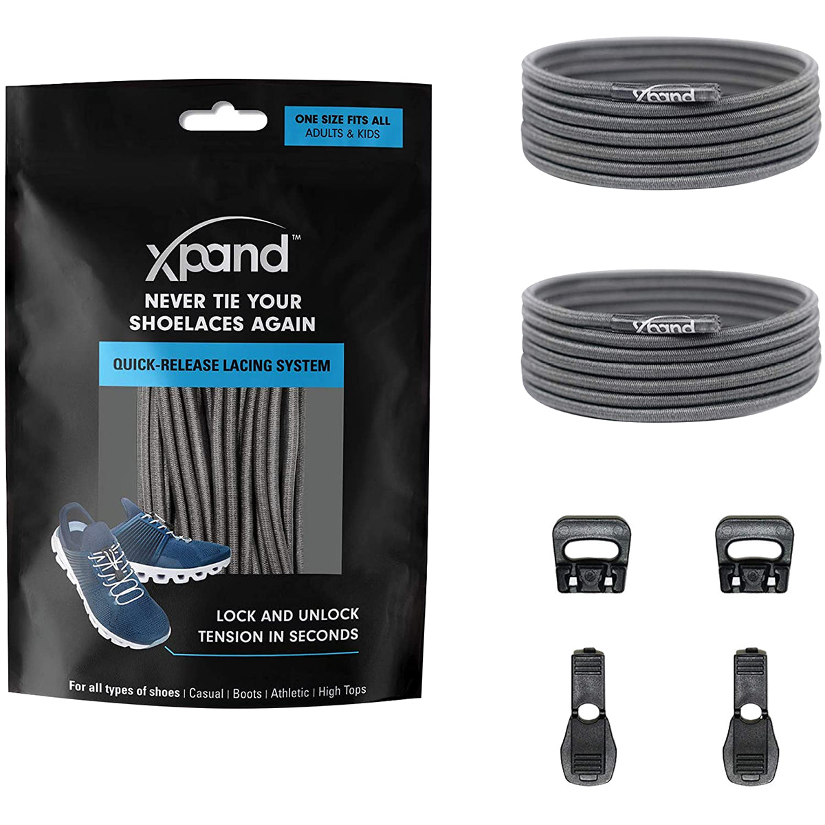 Xpand shoelace system packaging with shoelaces and quick-release lacing system components on a white background
