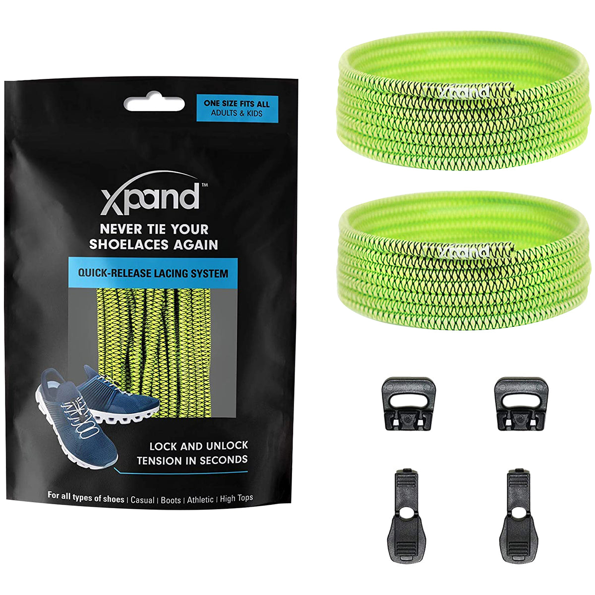 Green shoelace system with packaging and quick-release lacing system components on a white background