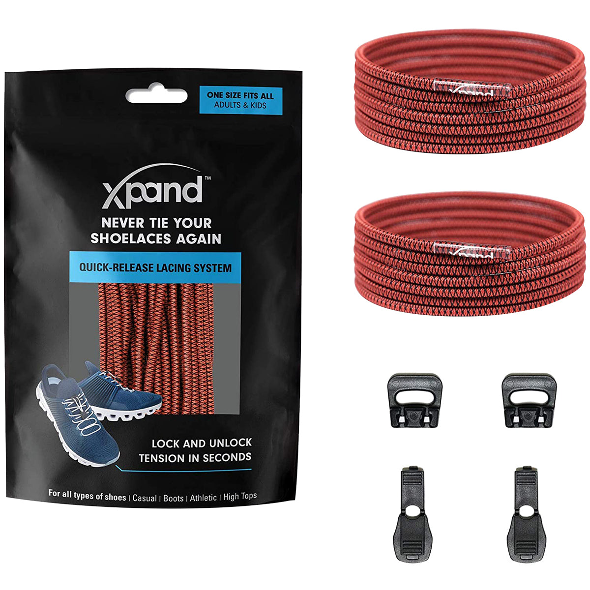 Xband shoelace system packaging with red shoelaces and black quick-release clasps on a white background.