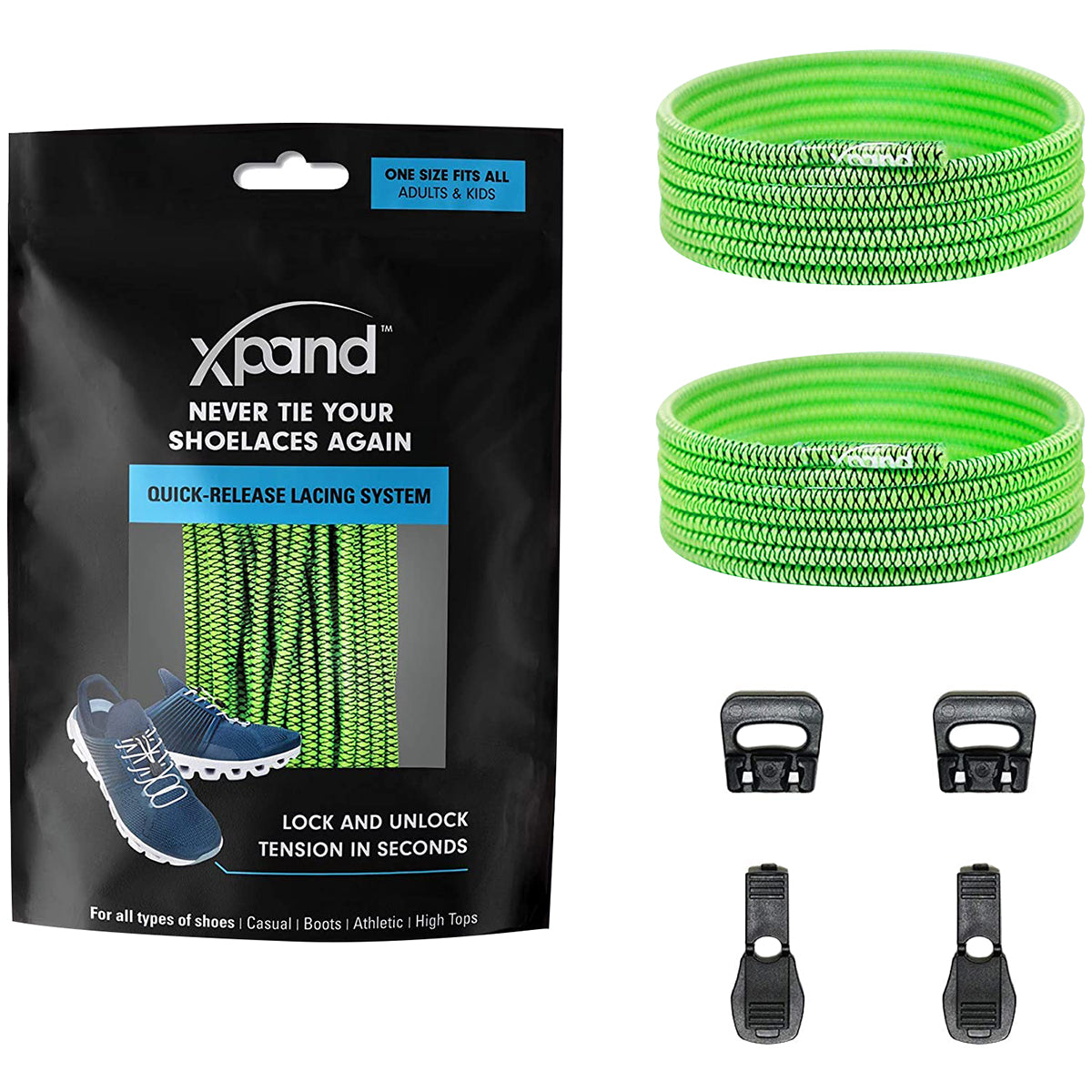 Green shoelaces with packaging and quick-release lacing system components - Forza Sports